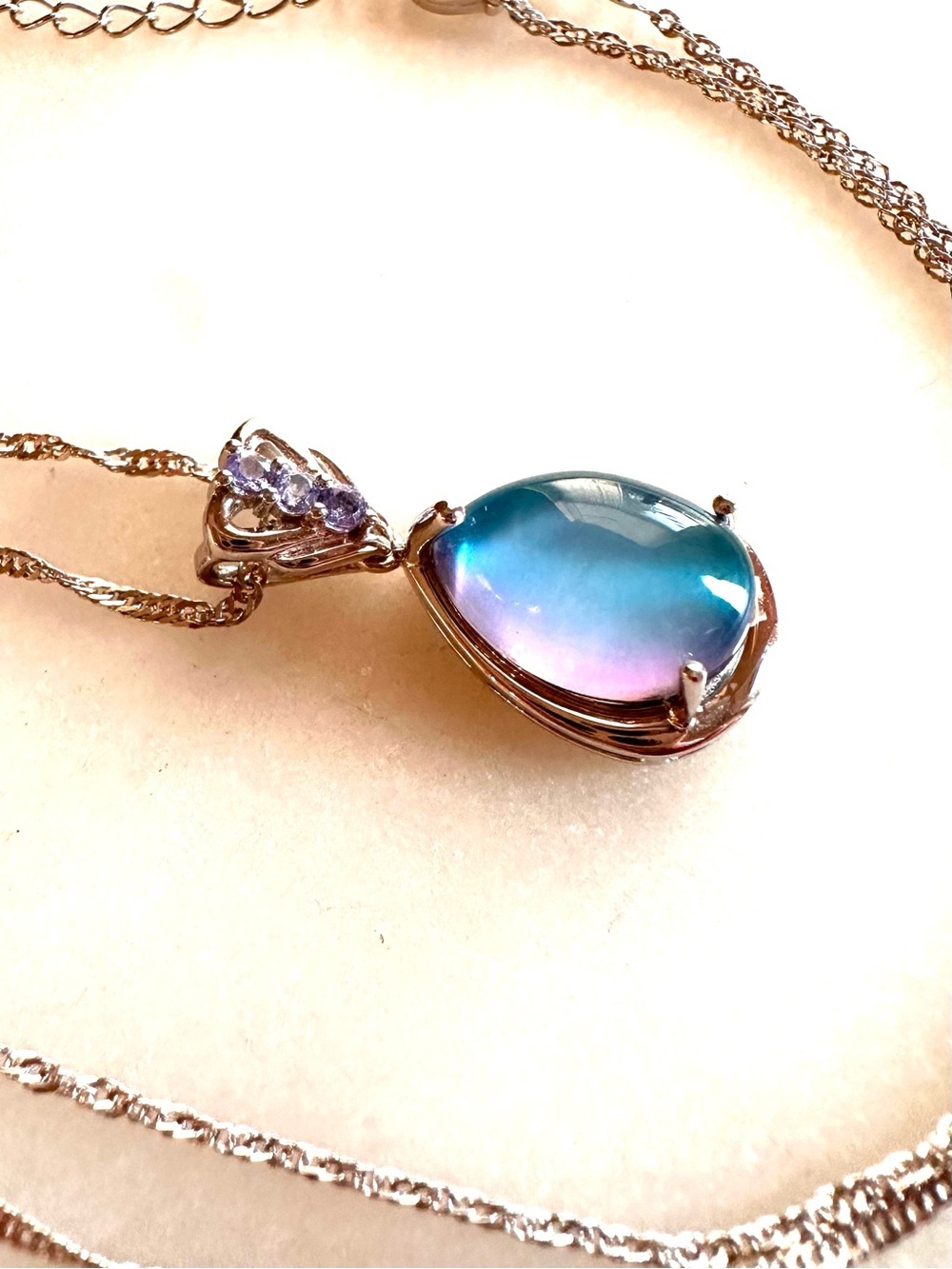 Aurora Moonstone with Blue Tanzanite Sterling Silver Pendant with Chain Necklace - Picture 3 of 16